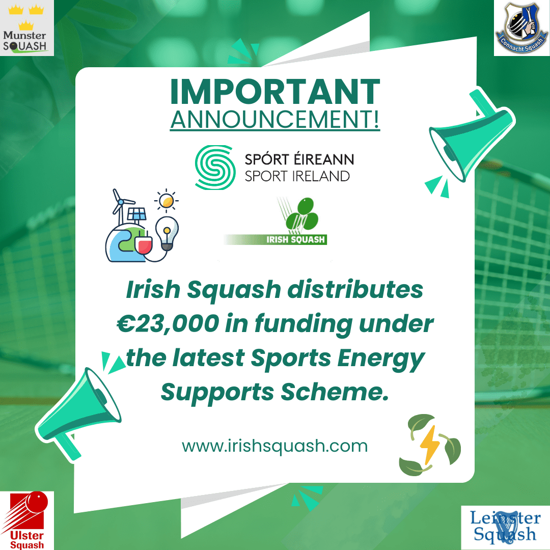 Irish Squash distributes almost €23,000 in funding under the latest Sports Energy Supports Scheme.